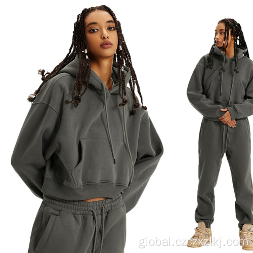 Fleece Thick Sweatpants Suit Autumn fleece thickened leaky navel hooded sweatshirt set Factory